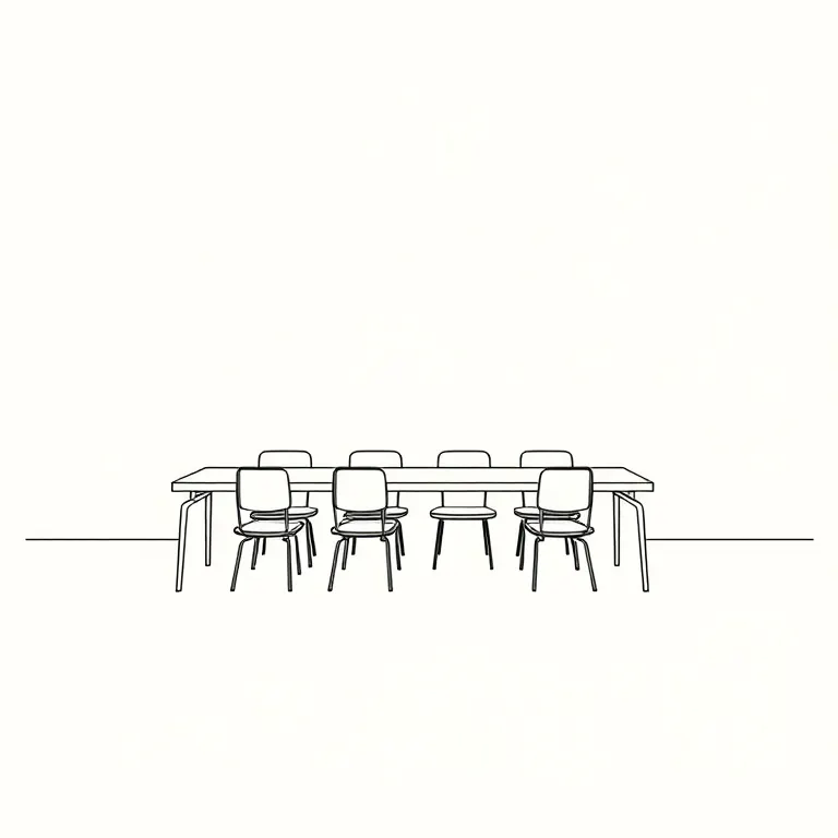 Ilustración de una clase en una mesa larga con seis sillas